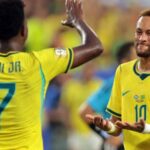 24.jun.2026 - Neymar e Vini Jr. comemoram vitória do Brasil contra a Escócia na Copa do Mundo