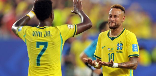 24.jun.2026 - Neymar e Vini Jr. comemoram vitória do Brasil contra a Escócia na Copa do Mundo