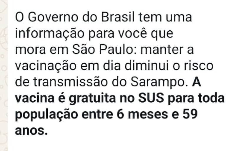 Governo federal envia mensagens sobre vacina do sarampo - 03/07/2026 - Equilíbrio e Saúde