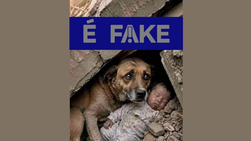 É #FAKE foto de cachorro protegendo bebê em terremoto na Venezuela; imagem foi criada com inteligência artificial