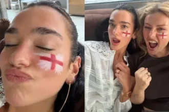 Dua Lipa mostra torcida para a Inglaterra com bandeira pintada no rosto